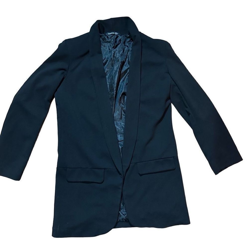 Boohoo black long line‎ open front blazer sz 4